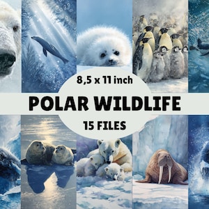 Watercolor Arctic Animals Digital Paper: Winter Wildlife Illustrations (Digital Download, 8.5x11 PNGs)