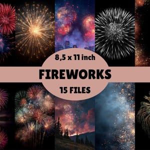 Pacchetto di carta digitale Fireworks - 15 illustrazioni di Capodanno, fuochi d'artificio nel cielo notturno, licenza commerciale, diario di Fireworks Junk, album di ritagli