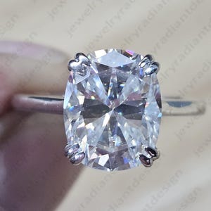 Moissanite Hidden Halo Engagement Ring: Elongated Cushion Cut, 14K White Gold