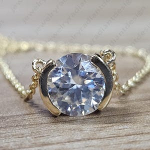 2 CTW Round Moissanite Solitaire Pendant: 10K/14K Gold Half Bezel Necklace