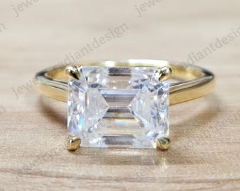 Emerald Cut Lab Grown Diamond Ring – East-West Solitaire, Yellow Gold Plated