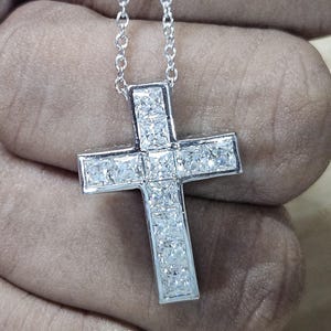 Princess Cut Moissanite Cross Pendant: 14K White Gold, 18 Inch Chain