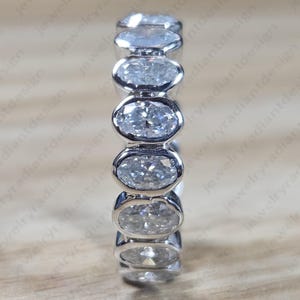 Oval Moissanite Eternity Band: 14K White Gold Bezel Set Anniversary Ring