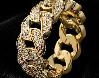 Luxury Cuban Link Ring with Pavé Moissanite Band, Gold Chain Ring, Statement Ring for Men & Women, Chunky Hip Hop Jewelry