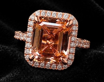 Emerald Cut Morganite Ring, Peach Morganite Engagement Ring, Rose Gold Statement Ring, Halo Gemstone Ring, Vintage Cocktail Ring