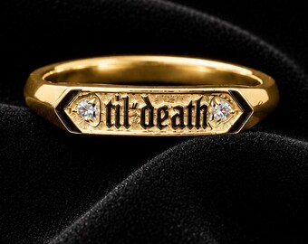 Til Death Engagement Band, Bar Style Half Eternity Engraved Ring, Trillion Cut Moissanite Wedding Band, 925 Silver Toi Et Moi Flush Set Band
