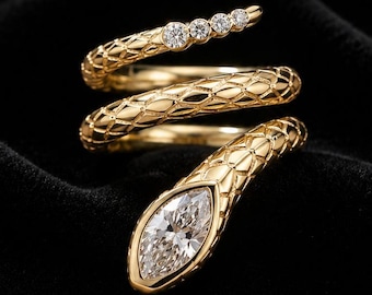 2.50CTW Marquise Moissanite Serpent Ring, Sterling Silver Statement Ring, Adjustable Reptile Jewelry