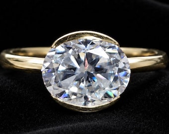 East West Oval Moissanite Solitaire Engagement Ring, 14k Yellow Gold Wedding Ring