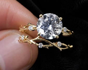2.05 CT Round Moissanite Solitaire Ring Set – 14K Yellow Gold Art Deco Bridal Engagement