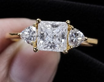 Vintage Princess Cut Moissanit Verlobungsring | 14K Weißgold Blatt Motive Versprechen Ring