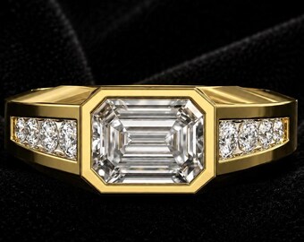 Emerald Moissanite Men's Ring, Solitaire Gold Ring For Men, East West Mens Ring, Silver Ring for men, Gents Ring