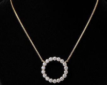 2CTW Circle Halo Pendant Necklace, Round Moissanite Crystal Pendant, Dainty Gold Necklace, Sparkling Circle Necklace, Minimalist Jewelry