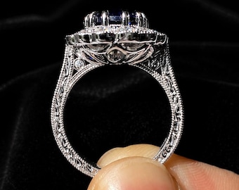 3.50CTW Blue Sapphire Halo Ring, Oval Blue Gemstone Ring, Vintage Inspired Cocktail Ring, Silver Statement Ring, Elegant Women’s Jewelry
