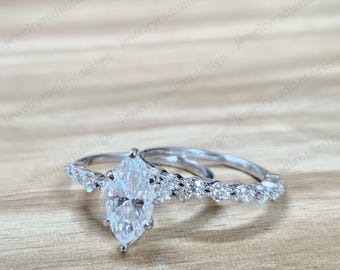 Marquise Cut Moissanite Bridal Ring Set: 925 Sterling Silver Wedding Band