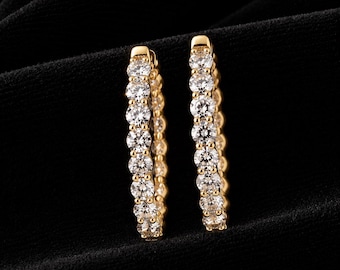 Round Cut Moissanite Hoop Earrings, Gold Hoop Earrings, Pave Hoop Earrings, Sparkling Wedding Earrings