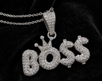 BOSS Crown Pendant Necklace, Moissanite Statement Necklace, Hip Hop Iced Out Pendant, 925 Sterling Silver Jewelry, Men's Women's Gift