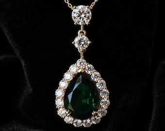 Green Pear Shaped Pendant Necklace, Emerald Green Gemstone Necklace, Halo Pendant, Sterling Silver Necklace, Elegant Statement Jewelry