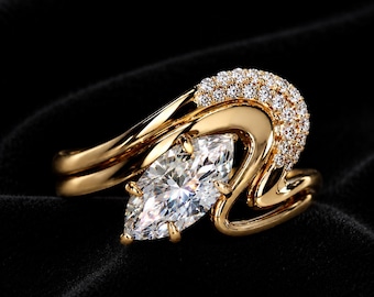 Marquise Moissanite Bridal Ring Set, Gold Engagement Ring Set, Vintage Wedding Ring, Nature Inspired Jewelry