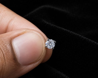 3mm Round Moissanite Nose Pin, 14k White Gold Screw Back Stud