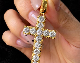 4mm Round Moissanite Cross Pendant: 14K White Gold, Religious Necklace