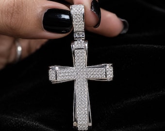 Round Moissanite Cross Pendant, Colorless D VVS1, 14K Solid Gold Anniversary Jewelry