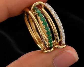 Two-Tone Knot Ring | Interlocking Diamond Pavé Bands, Minimalist Statement Jewelry | Green Emerald Bands