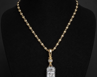 Radiant Cut Moissanite Georgian Necklace, Vintage Halo Pendant, Solid Ball Chain Jewelry