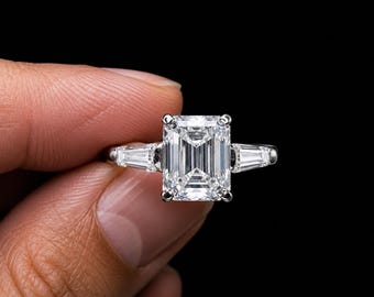 14K White Gold Emerald Cut Moissanite Three Stone Ring, 2.60CTW Engagement Band