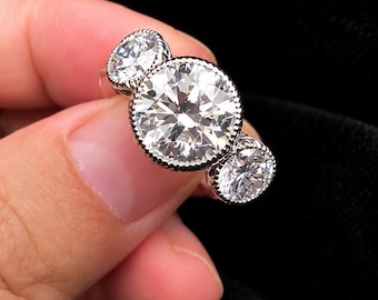 2.50CTW Round Moissanite Bezel Set Three Stone Ring – Colorless Round Engagement Wedding Band