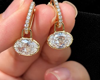 Oval Cut Moissanite Hoop Drop Earrings | 14K Gold Dainty Dangle Earrings  | Wedding Earring