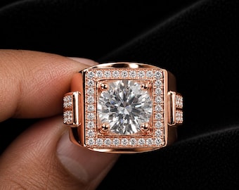 Men's Rose Gold Moissanite Wedding Ring | 3.10CTW Round Halo Statement Ring