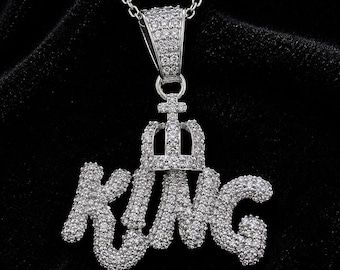 Moissanite KING Crown Pendant Necklace, Iced Out Men's Necklace, 925 Sterling Silver Statement Pendant, Hip Hop Luxury Jewelry