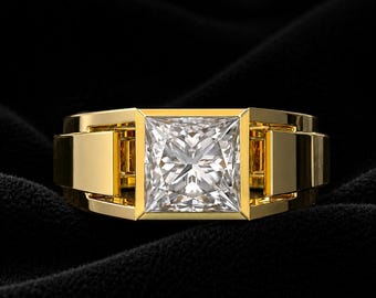Princess Cut Moissanite Men's Ring, Solid Gold Ring For Men, Solitaire Princess Men's Ring, Princess Diamond gents Ring