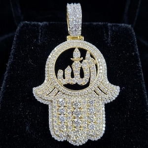 14K Yellow Gold Hamsa Pendant Necklace, Round Cut Moissanite Diamond, Allah Symbol Jewelry