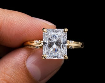 14K Solid Yellow Gold Radiant Cut Moissanite Engagement Ring – Hidden Halo Wedding Band