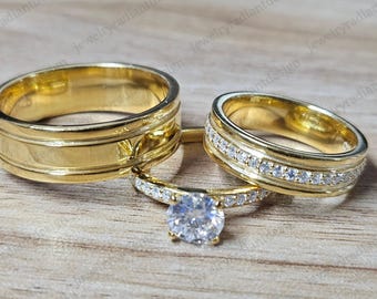 2,50 kt Moissaniet-trioringset, 14 kt geelgouden ring, rond geslepen bijpassende band