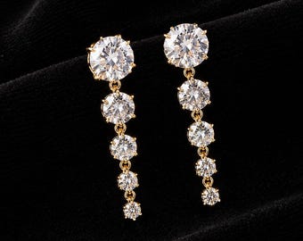 Four Stone Round Moissanite Drop Earrings, Sterling Silver Finish, Linear Dangle Jewelry