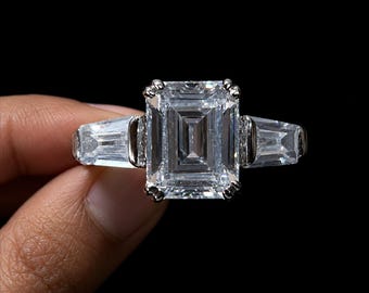 Three Stone Emerald Cut Moissanite Engagement Ring, 2.60CTW Baguette Accents, 14K Gold Wedding Band