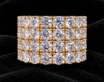 Men's Moissanite Wedding Band: Wide Four Row Pave Ring, Handcrafted Gold Eternity Band, Anniversary Gift for Him