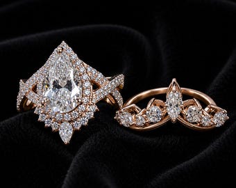 Art Deco Pear Cut Moissanite Engagement Ring Set, Vintage Style Wedding Band