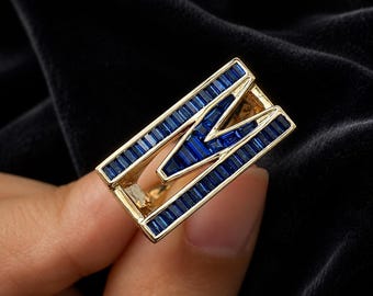 Blue Sapphire Baguette Statement Ring, Geometric Gold Ring, Modern Cocktail Ring, Luxury Blue Stone Ring, Contemporary Gift for Her