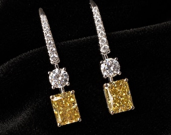 Lab Yellow Canary Citrine Drop Earrings, Radiant Cut Dangle Earrings, Long Statement Earrings, Wedding Jewelry Gift