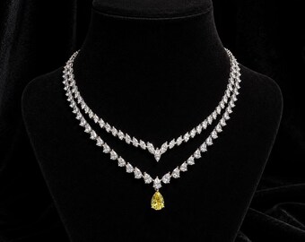 Pear Cut Moissanite Necklace, Bridal Wedding Necklace, Canary Citrine Jewelry, Y Drop Silhouette White Gold Bridal Jewelry