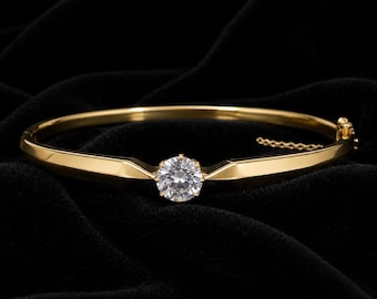 2CTW Round Moissanite Solitaire Bangle, Minimalist Yellow Gold Plated Bangle