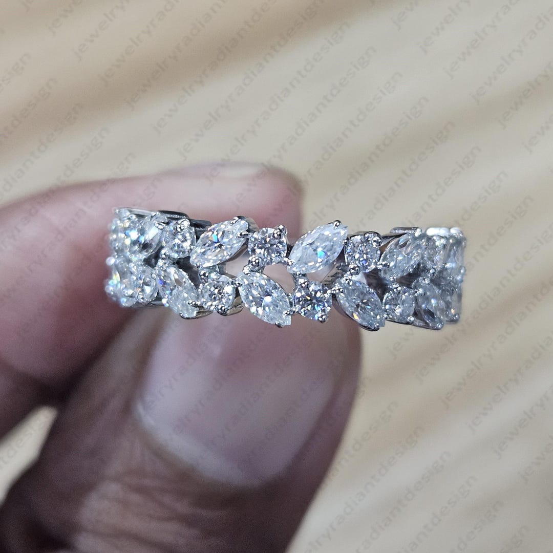Marquise Round Moissanite Half Eternity Wedding Band, 14K White Gold ...