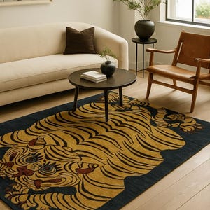 Hand-Tufted Wool Tiger Rug – Tibetan Style Animal Carpet | Bold Yellow & Black | Unique Statement Rug for Living Room or Bedroom