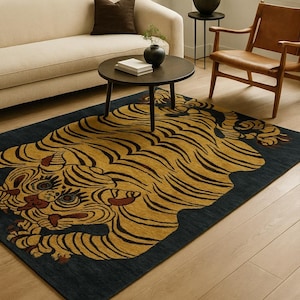 Hand-Tufted Wool Tiger Rug – Tibetan Style Animal Carpet | Bold Yellow & Navy Blue | Unique Statement Rug for Living Room or Bedroom