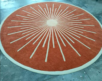 Terrakotta Teppich | 5 ft runder Teppich | Sunburst Design Wohnkultur | Handgefertigter Moderner Tufted Teppich | Retro Wohnzimmer Teppich