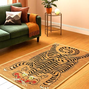 Alfombra de tigre tejida a mano / Alfombra de tigre de estilo tibetano / Alfombra de lana personalizada / Alfombra con forma de animal / Alfombra llamativa para decoración bohemia o ecléctica