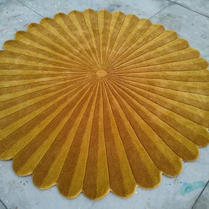 Modern Petal Design Carpet in Gold, Aqua Green & Beige | Hand Tufted Round Flower Rug l Handmade Wool Rug for Living Room, Bedroom 9ft, 8ft.